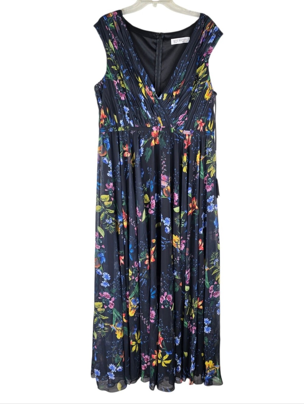 IEENA MAC DUGGAL Womens Size 16 Black Pleated Floral A-Line Gown Maxi Dress